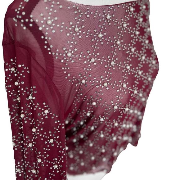FADED ROSE BURGUNDY LONG SLEEVE MESH PEARL BEADED BLOUSE FADED ROSE  MEDIUM NWT. - Picture 4 of 8